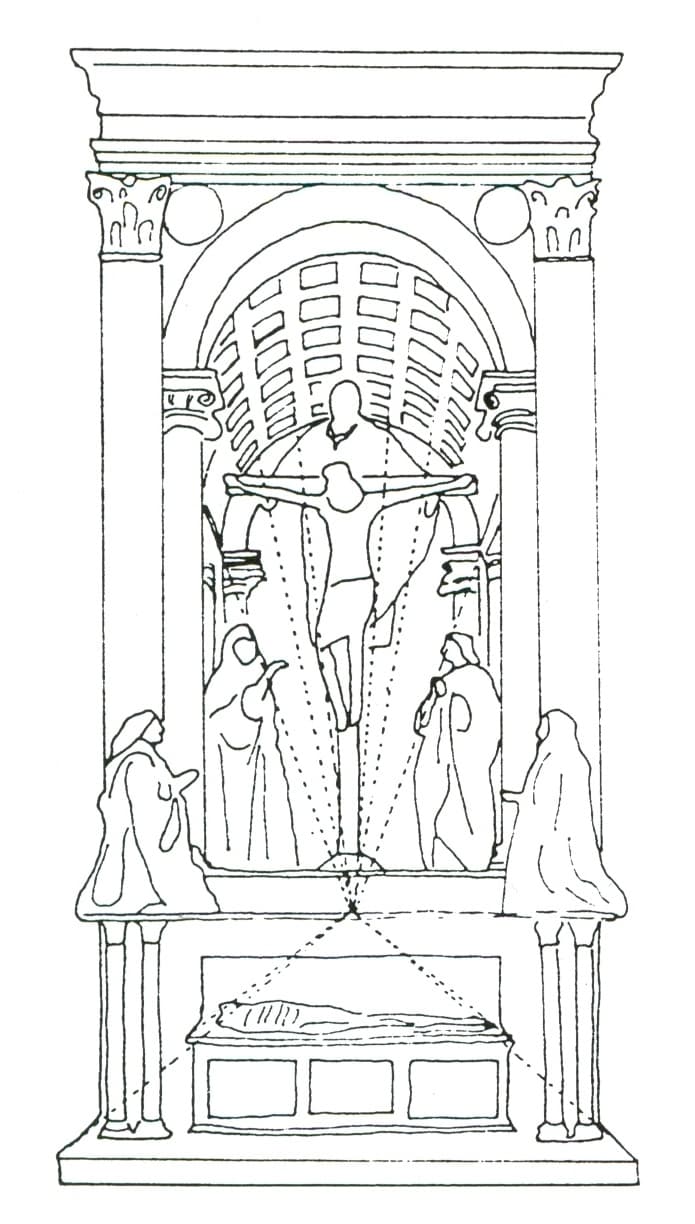 Análise esquemática de A Trindade: As linhas pontilhadas escuras revelam a estrutura geométrica invisível que organiza a profundidade da abóbada, forçando o olho a convergir para um ponto único.